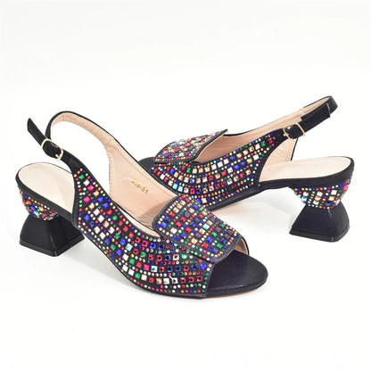 Exquisite Italian women's pump with a stylish buckle strap, part of a matching shoe and bag ensemble for formal occasions.