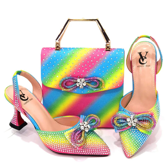 Luxury women's rhinestone bow party shoes and handbag set, featuring super high spike heels in mixed colours, perfect for elegant events.