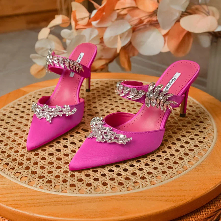 Chic low heel silk mules sandals with sophisticated rhinestone details, designed for women seeking elegance and comfort in summer footwear.
