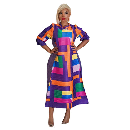 Close-up of luxurious fabric texture of the elegant African plus size long dress showcasing intricate Dashiki patterns.