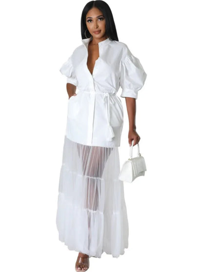 Chic and timeless white lace ankle-length dress for women, designed with short sleeves and an A-line silhouette, perfect for spring and summer occasions.