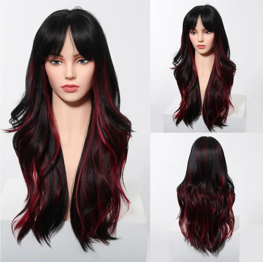 Stylish black and red synthetic wig, designed for daily wear and special occasions like parties and cosplay events.