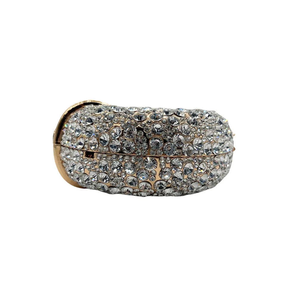 Luxury metallic clutch bag for women adorned with crystals, perfect for elegant evening parties and formal events.