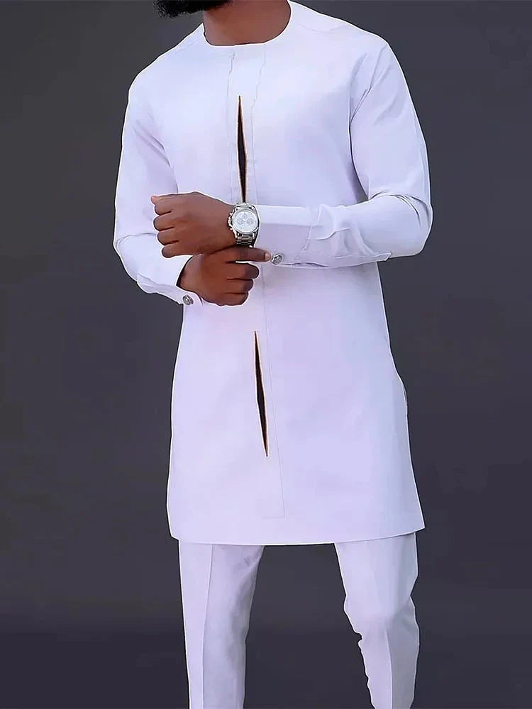 Full view of a sophisticated men's two-piece white suit with geometric designs, ideal for upscale casual settings.