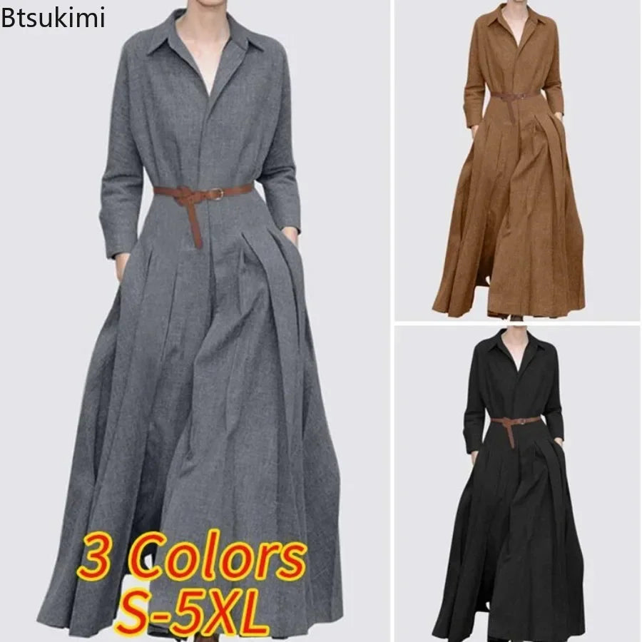 Elegant women's maxi shirt dress featuring a sophisticated V-neck and A-line silhouette, designed for casual office wear, available in sizes S to 5XL, adorned with practical pockets.