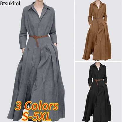 Elegant women's maxi shirt dress featuring a sophisticated V-neck and A-line silhouette, designed for casual office wear, available in sizes S to 5XL, adorned with practical pockets.