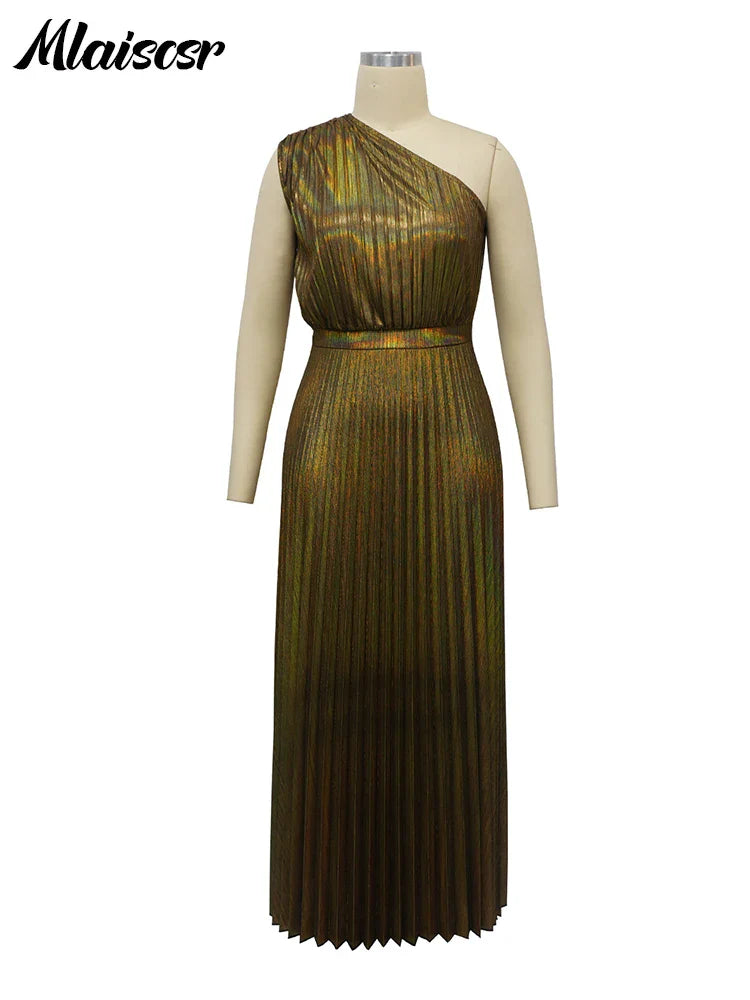 Chic A-line long evening gown in luxurious metallic gold with intricate pleating and flattering empire waist, perfect for weddings and formal gatherings.