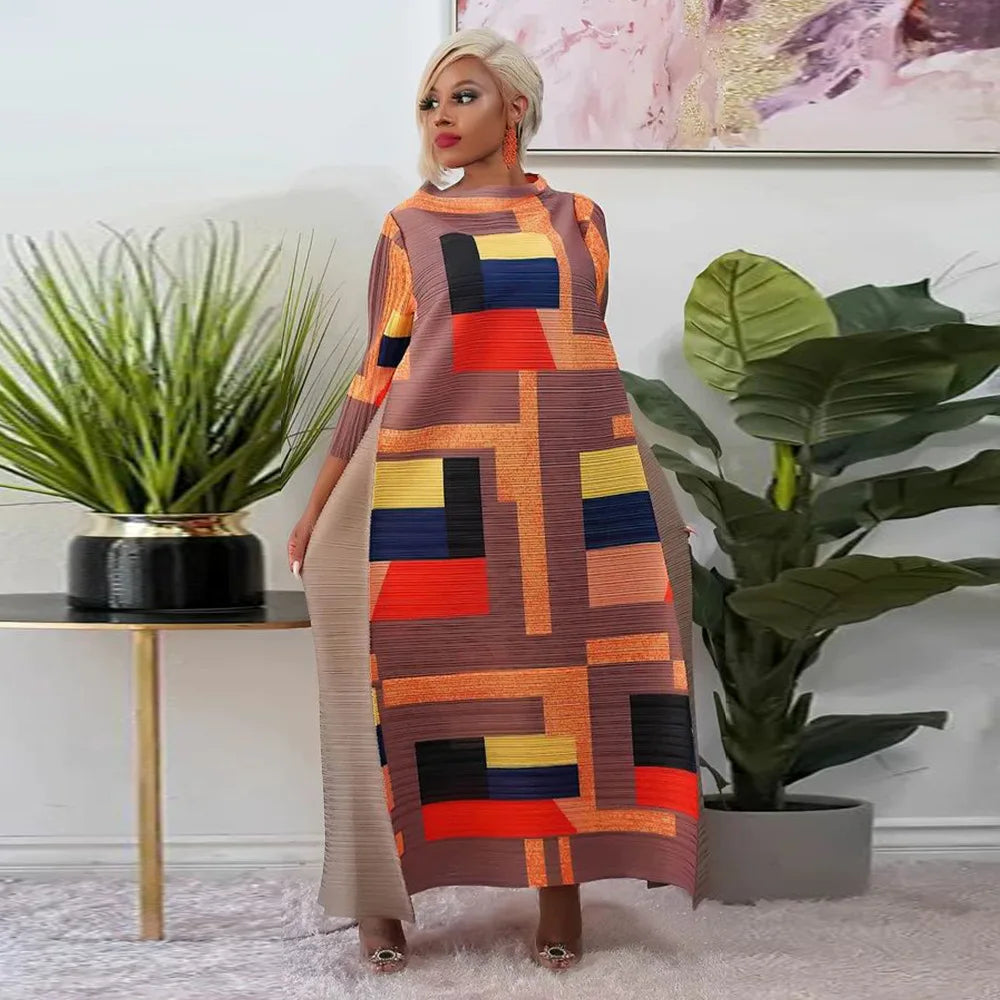 Elegant African Plus Size O-Neck Pleated Long Dress featuring 3/4 sleeves, designed in a luxurious traditional Dashiki style for women.