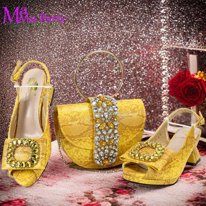 Fashionable yellow pump and bag set for women, featuring stylish slingbacks with rhinestones, perfect for luxury occasions.