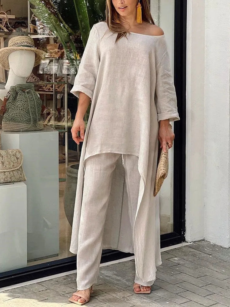 Elegant Women's Casual Cotton Linen Two Piece Set featuring an asymmetrical top perfectly paired with wide leg cargo pants, exuding a luxury casual style.