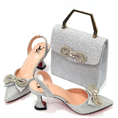 Stylish Italian handbag set coordinating with luxury women's rhinestone bow shoes, showcasing exquisite craftsmanship and design.