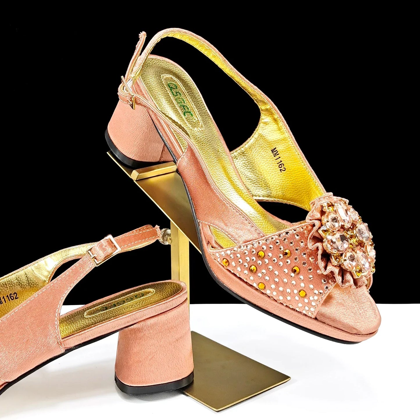 Stylish QSGFC Olive Open Toe Diamond Pumps elegantly featuring a comfortable buckle strap and exquisite olive colour, ideal for weddings and formal events, from Hot Trends Area.