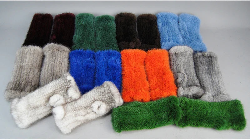 Luxury women's knitted gloves made from 100% real mink fur, designed for stylish comfort and warmth during typing.