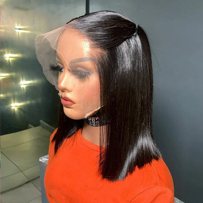 Luxurious 13x4 straight short bob wig featuring 200% Remy human hair with transparent lace frontal, ideal for elegant hairstyles.