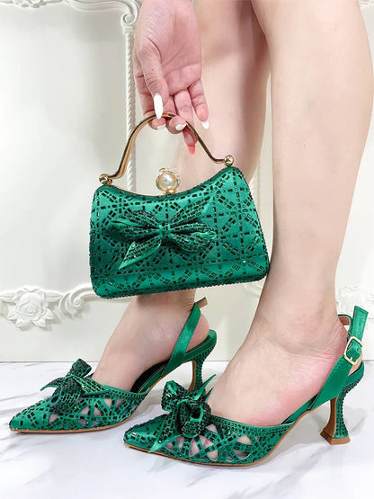 Stylish matching rhinestone bag set designed for women, complementing luxury pumps for an exquisite party look.