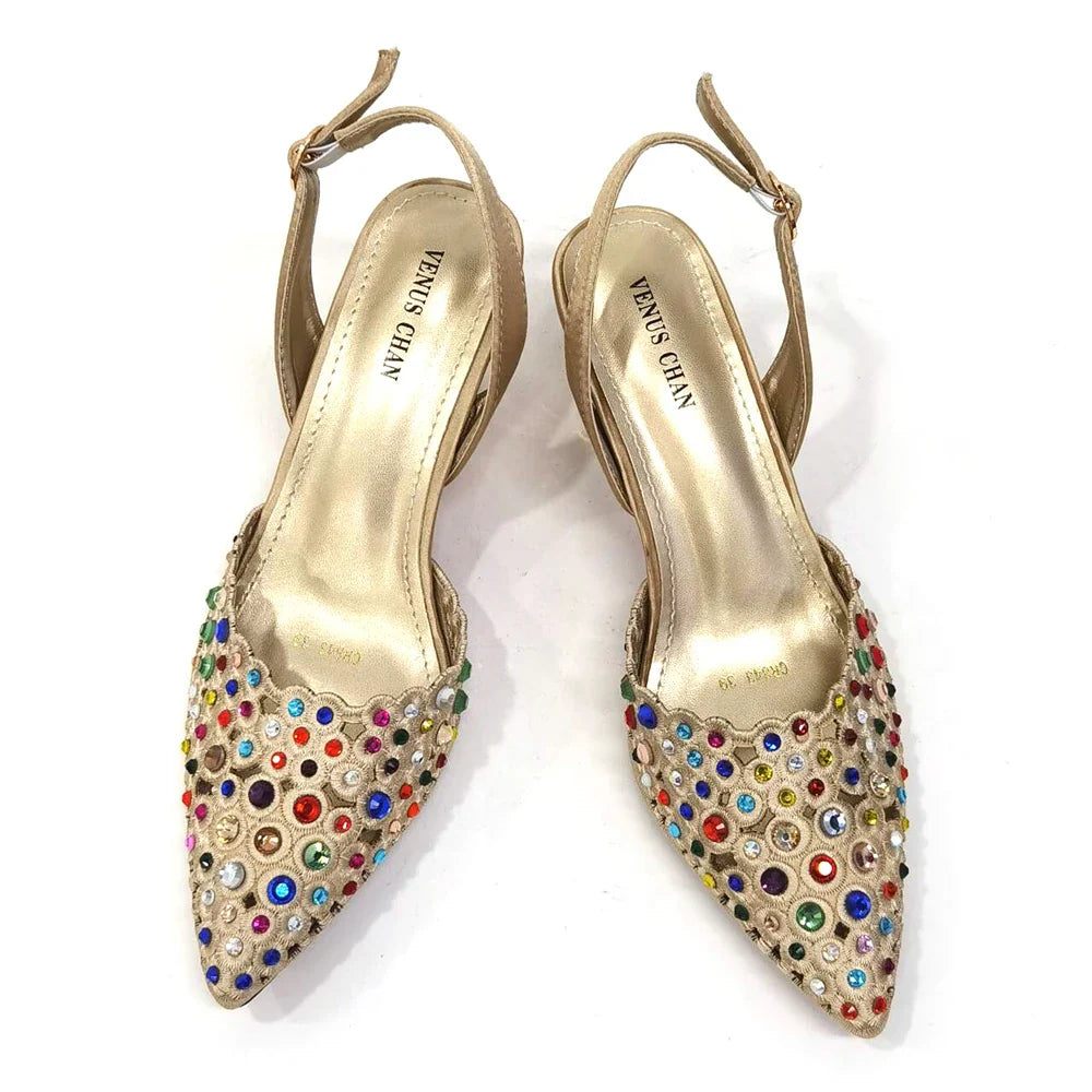 Luxurious Venus Chan high heel party shoes adorned with rhinestones, showcasing a stunning gold design that's perfect for women.