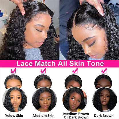 Elegant view of 26 Inch Deep Wave Lace Front Wig, highlighting the pre-plucked hairline and transparency of the lace, designed for natural beauty.