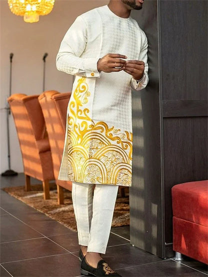 Men's Luxury Casual White Geometric Print Two-Piece Suit featuring a sophisticated O-Neck Collar and comfortable drawstring pants, perfect for stylish casual occasions.