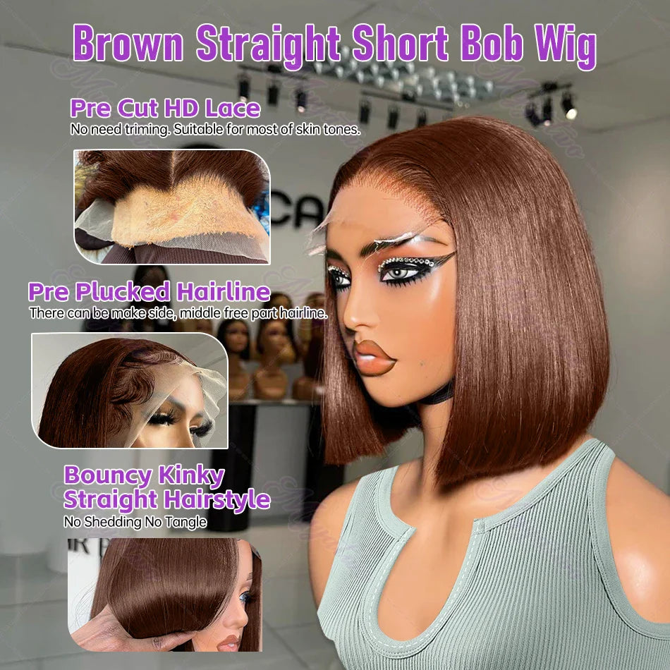Elegant Brazilian Human Hair Short Bob Wig with 250 Density, displayed in a chic chocolate brown straight style and 13x4 HD Lace Frontal.