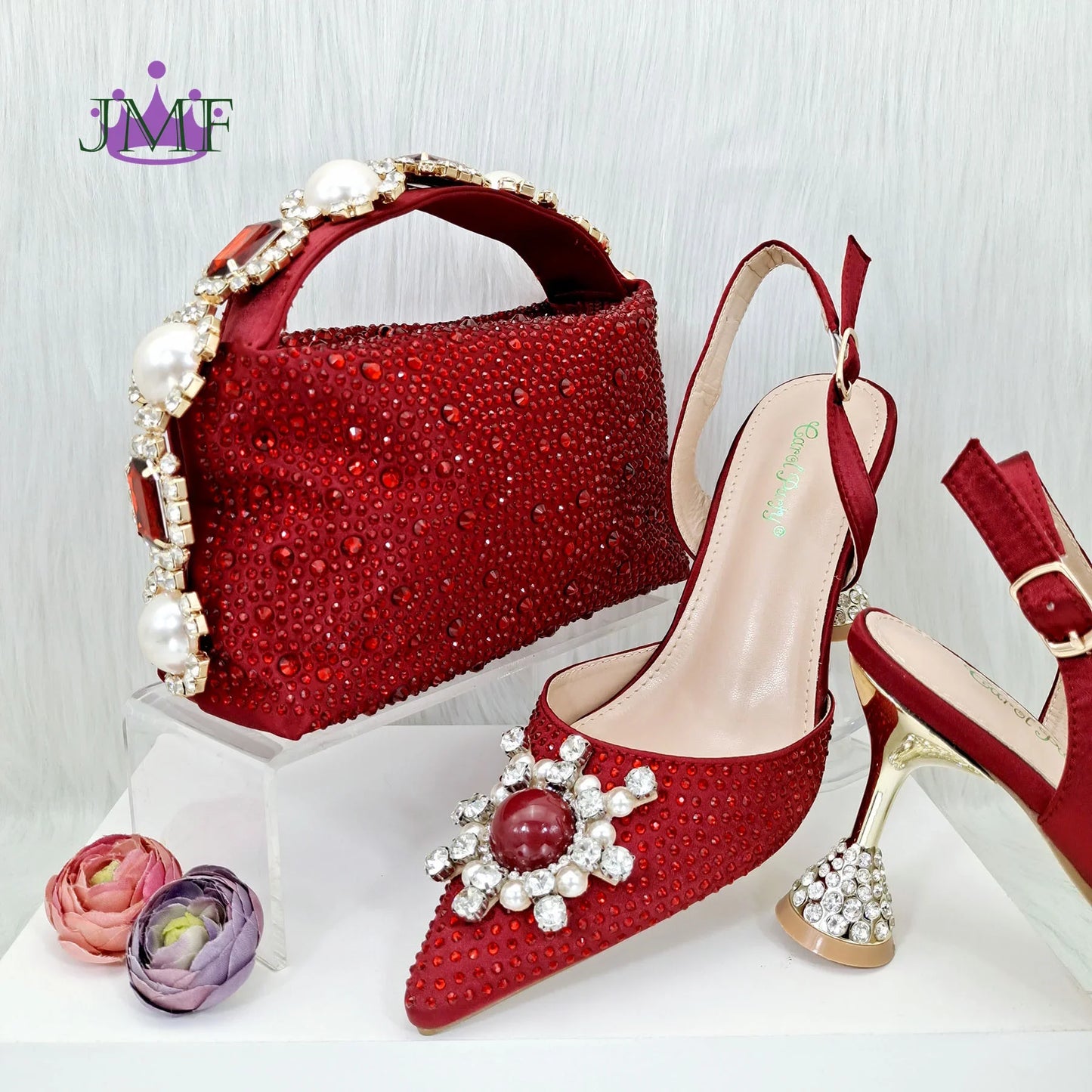 Elegant handbag set paired with blue women's stiletto heels, ideal for special occasions like weddings and sophisticated outings.