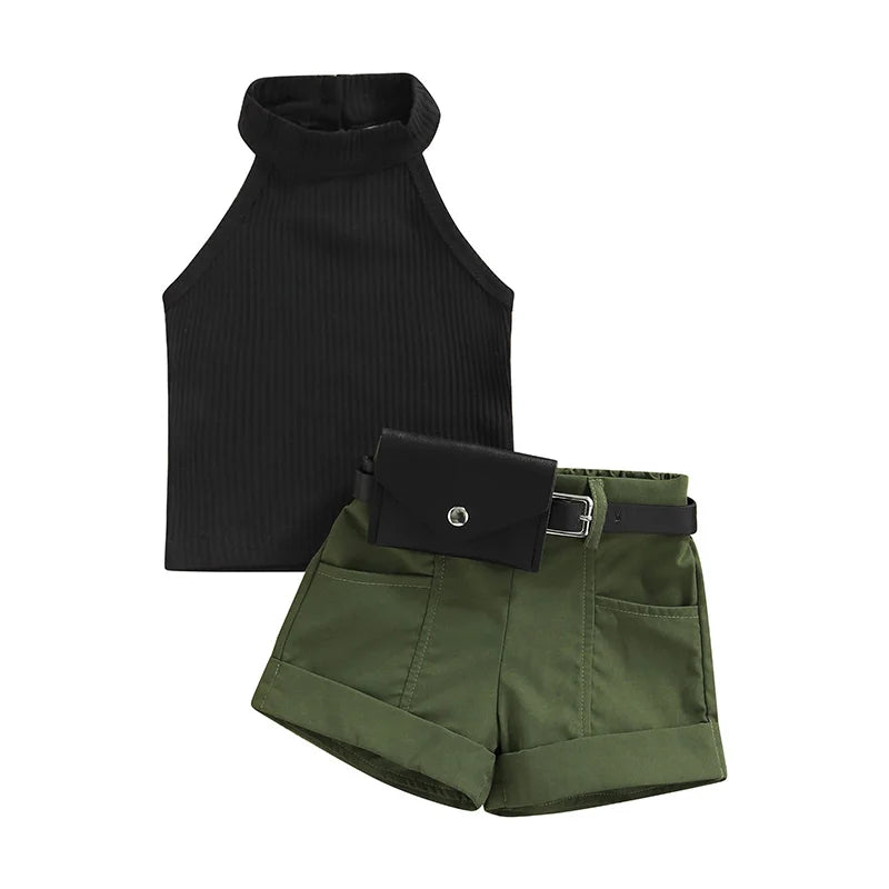 Stylish waist bag complementing the girls' 3-piece summer attire, perfect for carrying essentials on sunny adventures.