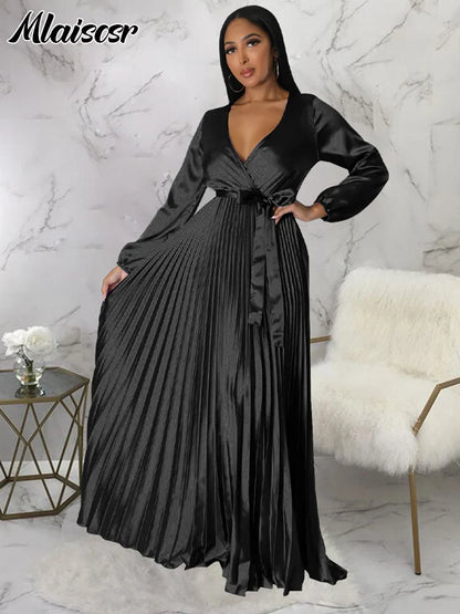 Mlaiscsr Women's Elegant V-Neck Lantern Sleeve Dress, showcasing luxurious floor-length design, pleated swing style ideal for weddings and parties.