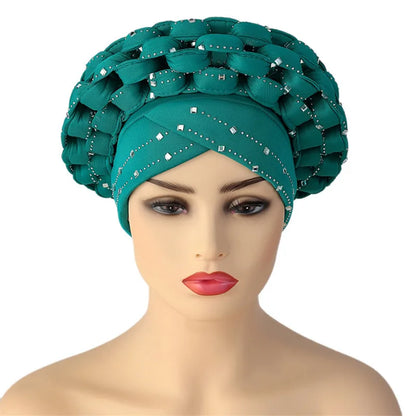 Elegant Luxury African Autogele Headtie Turban Cap adorned with glittering diamond accents for women, perfect for any upscale occasion.