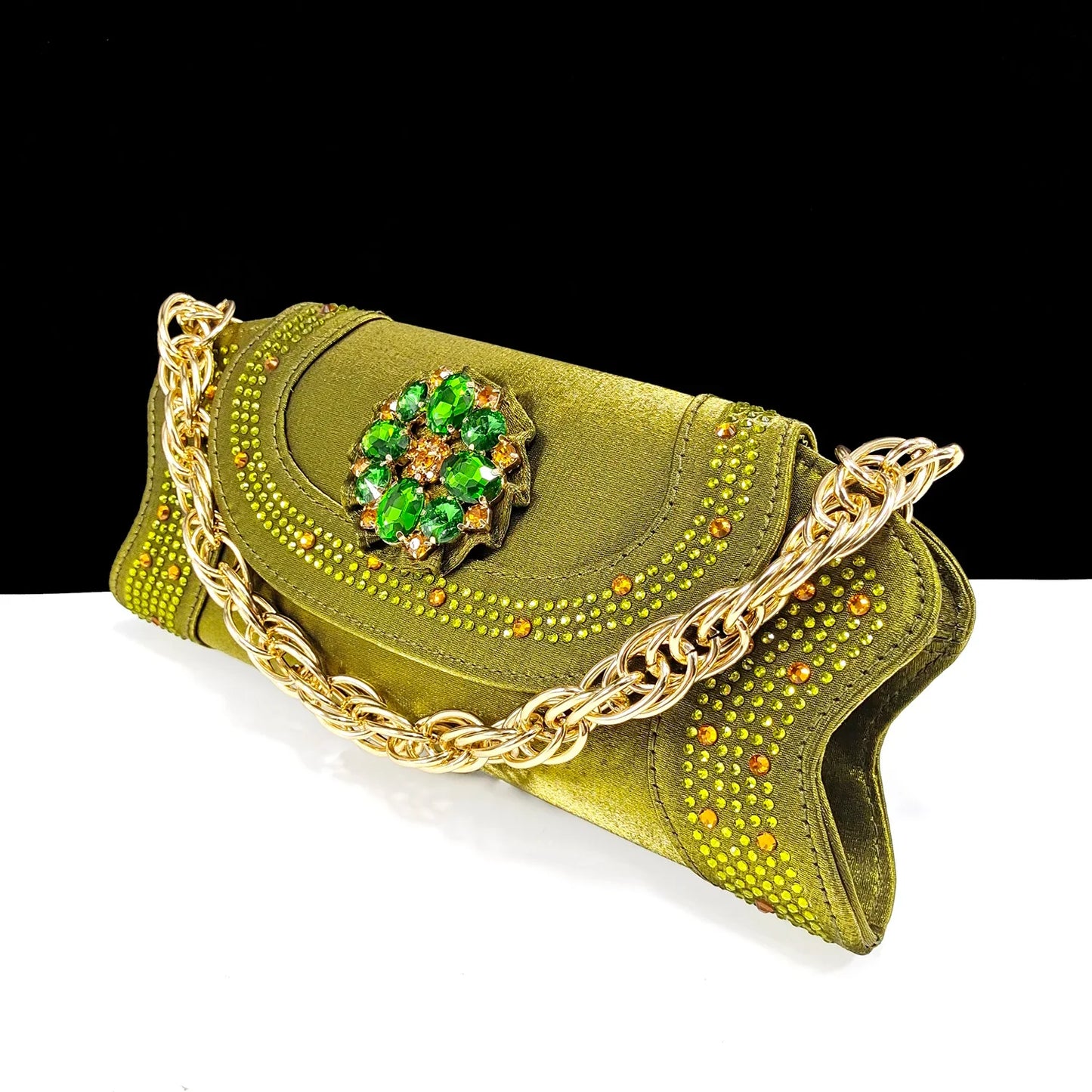 Close-up of the luxurious olive colour and diamond embellishments on QSGFC Open Toe Diamond Pumps, a standout choice from Hot Trends Area.