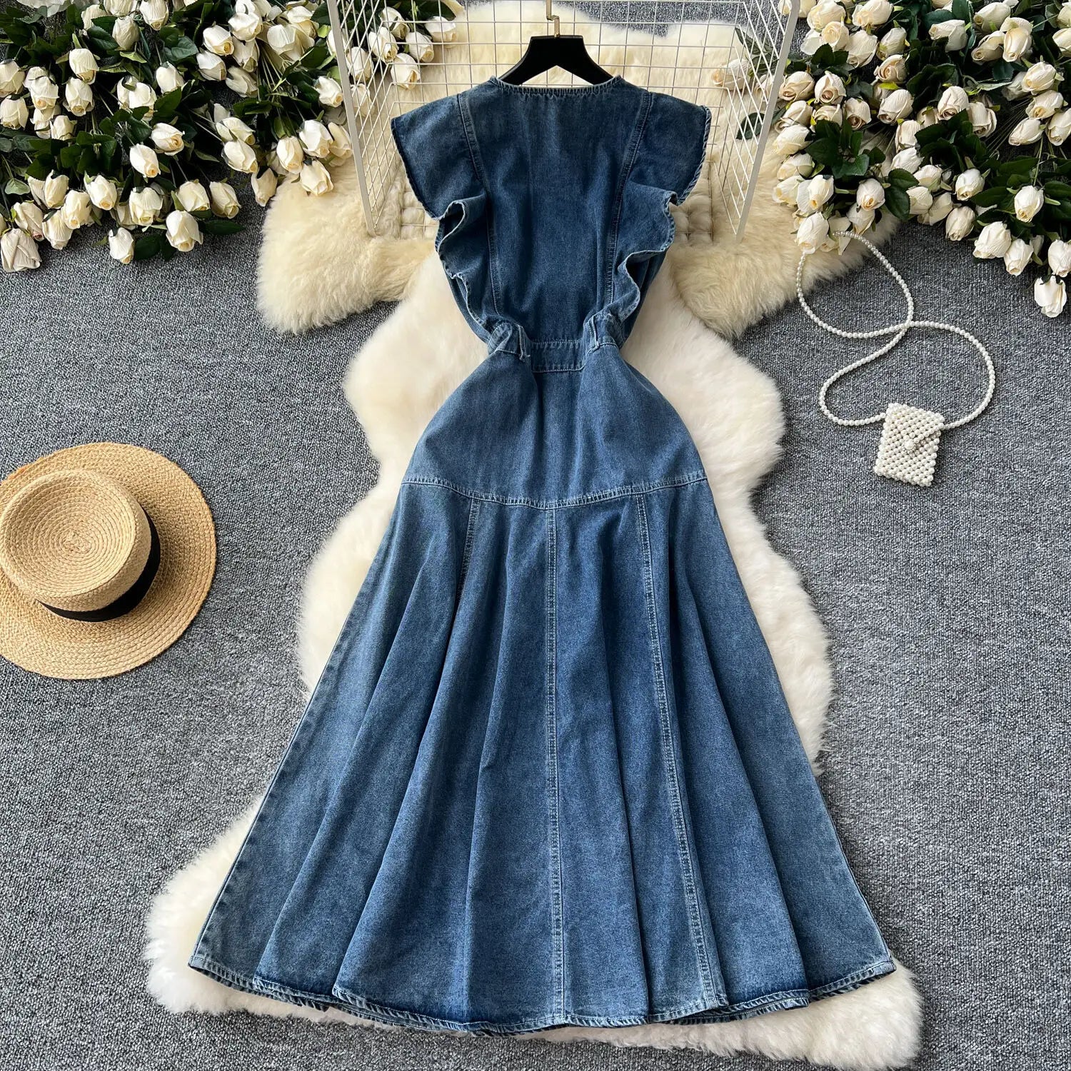 Elegant WTHT Women's Denim Long Dress worn elegantly with a straight silhouette, designed for luxury casual style, ideal for autumn/winter with natural waistline.