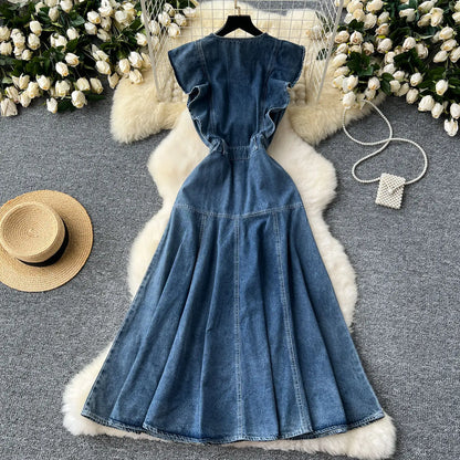 Elegant WTHT Women's Denim Long Dress worn elegantly with a straight silhouette, designed for luxury casual style, ideal for autumn/winter with natural waistline.
