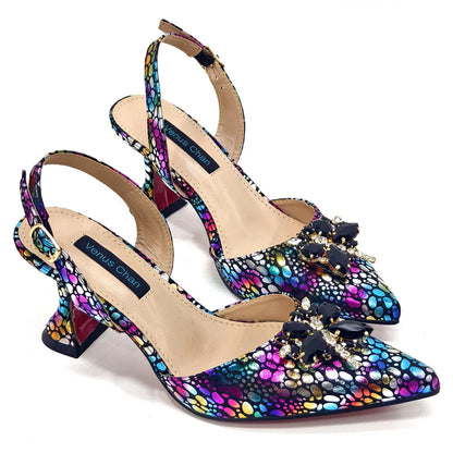 Elegant women's pointed toe pumps in vibrant yellow with shimmering crystal accents, paired harmoniously with a fashionable handbag for a complete luxurious look.