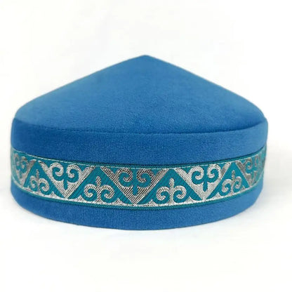 Luxurious green cotton kufi cap for men, featuring traditional Kazakh embroidery, suitable for formal occasions.