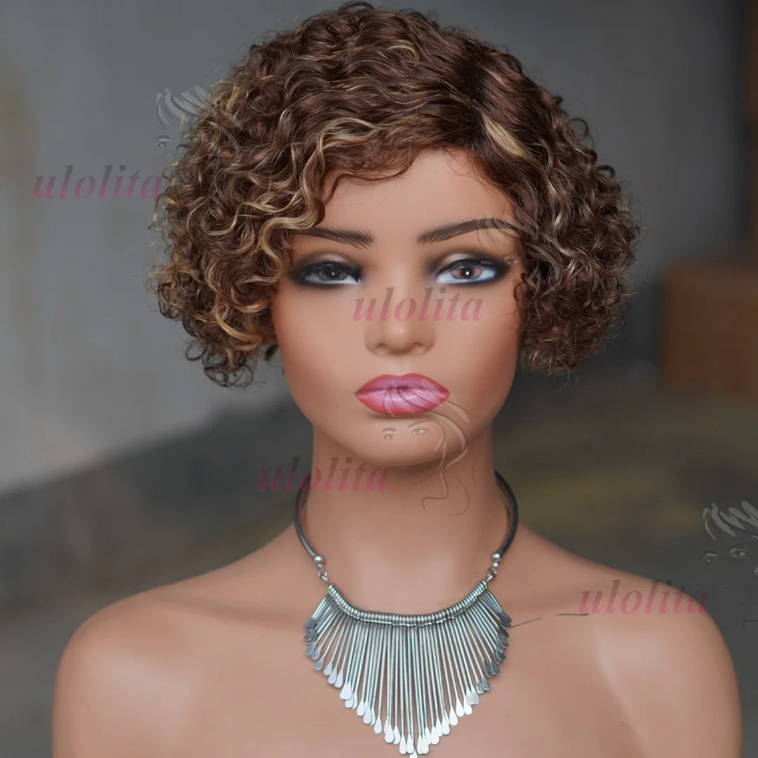 Elegant display of the Ombre Blonde T1B27 Pixie Cut Curly Bob Wig, capturing the luxurious texture and rich colour of this stylish human hair wig.