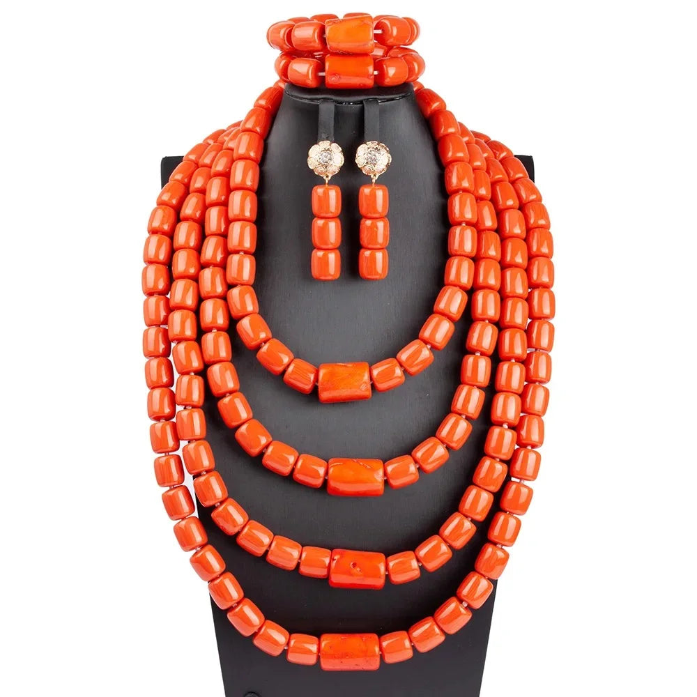 Sophisticated display of matching earrings from the luxury African beads jewelry set, designed to complement the statement necklace.