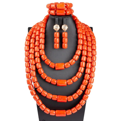 Sophisticated display of matching earrings from the luxury African beads jewelry set, designed to complement the statement necklace.