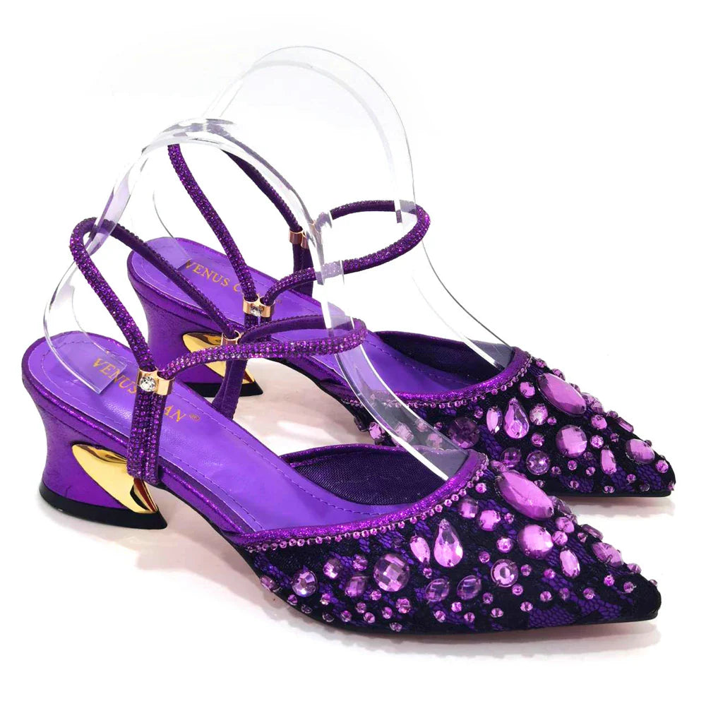 Mature and elegant Venus Chan high heels featuring intricate lace design, perfect for upscale events.