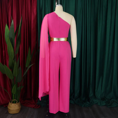 Luxurious one shoulder high waisted jumpsuit for women, featuring elegant flying sleeves designed for a glamorous evening look.