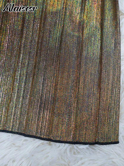 Sophisticated sleeveless metallic gold long dress featuring a diagonal collar and elegant pleating, ideal for formal occasions.