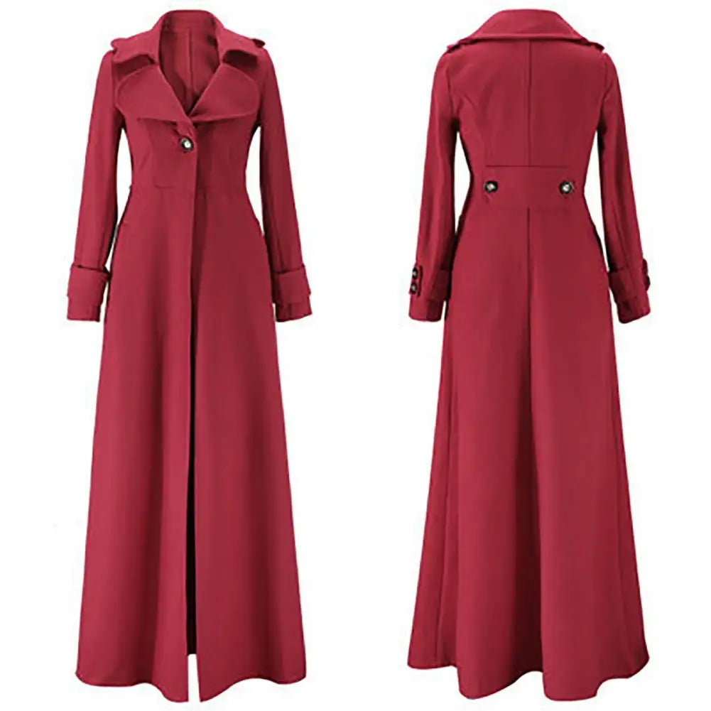Luxurious women's woolen long trench coat in elegant solid design, featuring single button closure and turn-down collar, perfect for winter styling.