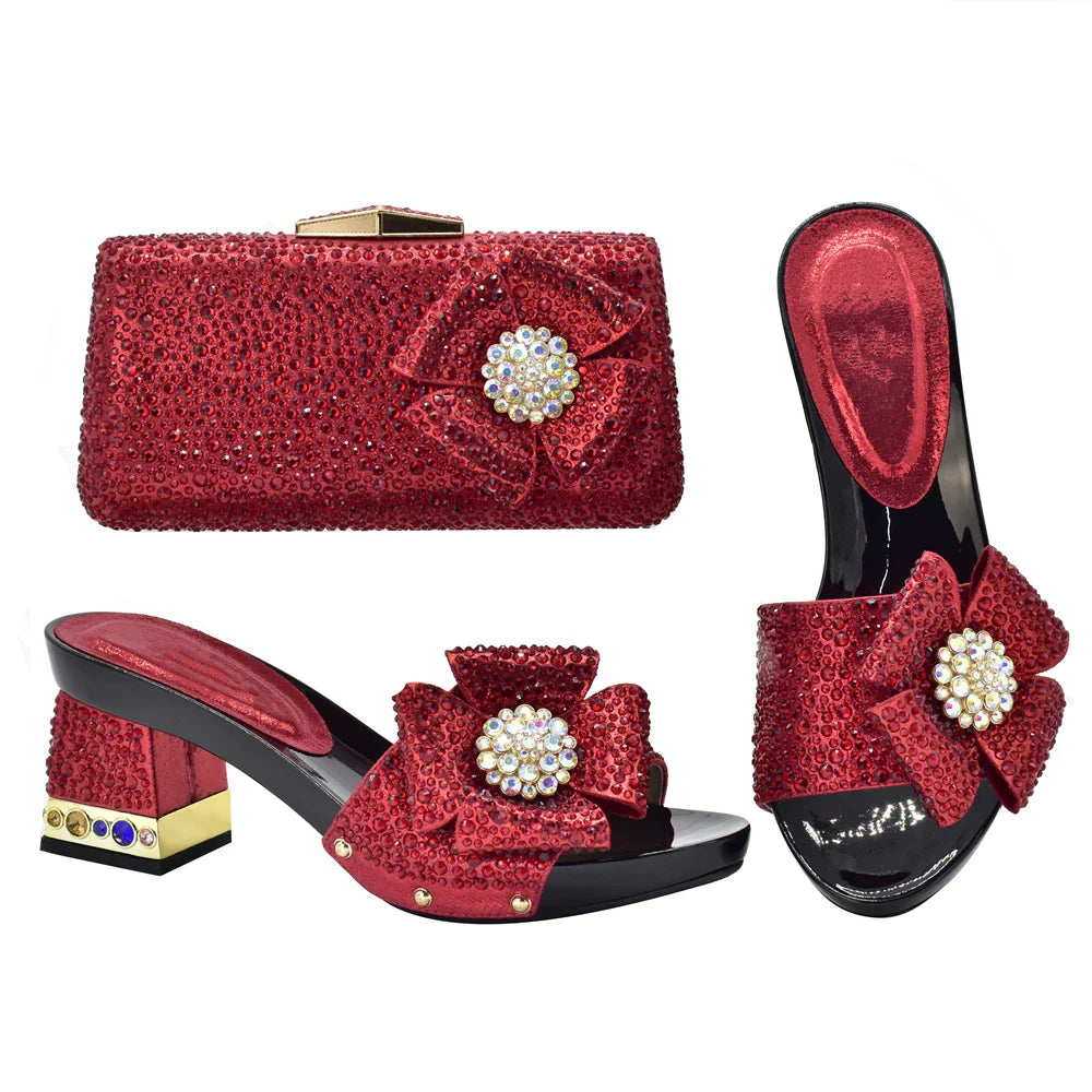 Stylish matching handbag and shoe set featuring high heel slingbacks and opulent crystal detailing, ideal for parties and weddings.