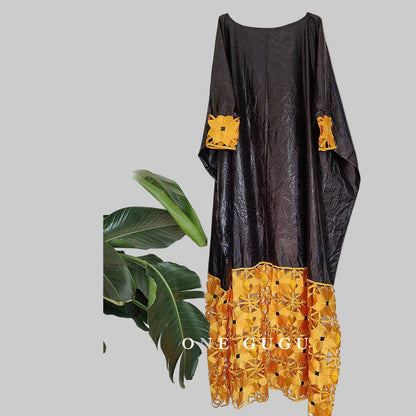 Plus size long sleeve embroidered dress in peach colour, combining traditional African craftsmanship with contemporary luxury for women's fashion.