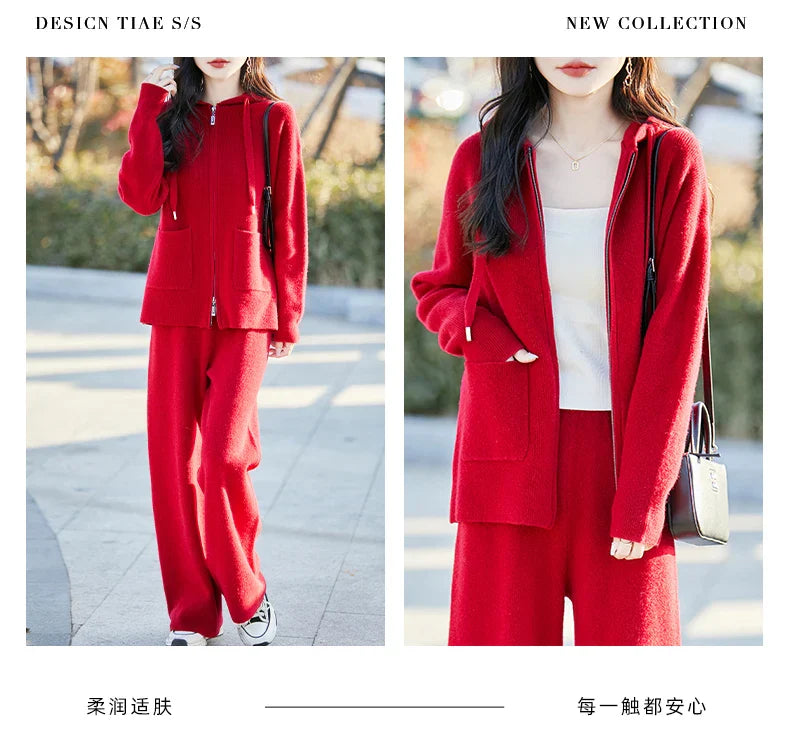 Model showcasing the luxurious fit of a women's Merino wool cardigan and wide leg pants suit, perfect for autumn and winter attire.