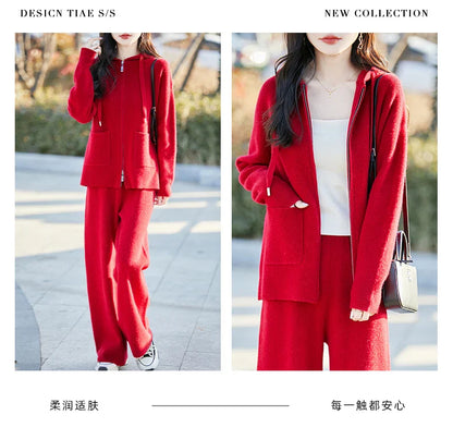 Model showcasing the luxurious fit of a women's Merino wool cardigan and wide leg pants suit, perfect for autumn and winter attire.