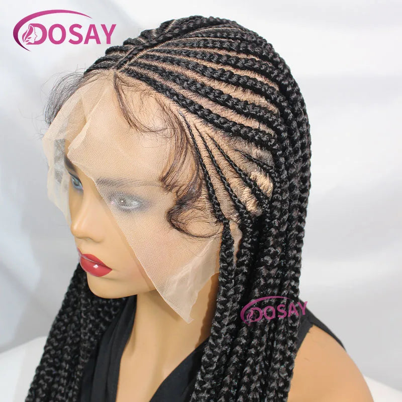 Elegant 36-inch long Full Lace Knotless Braided Wig displayed on a mannequin, highlighting its stunning black braid pattern and natural appearance.