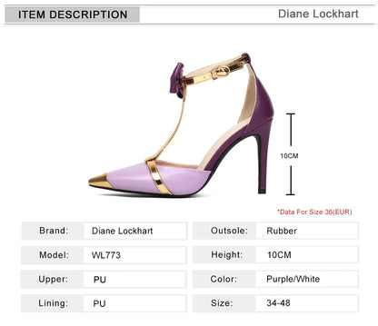 Close-up of stunning purple and gold T-strap high heel sandals, ideal for elevating summer evening outfits.