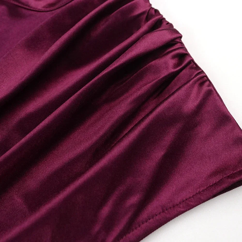 Burgundy Plus Size 4XL Bodycon Dress featuring sophisticated turtleneck, elegant slit, and decadent folds, perfect for evening wear and cocktail events.
