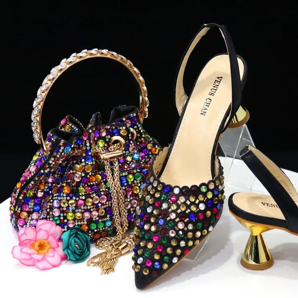 Vibrant Venus Chan women's high heels and matching handbag set, featuring high-quality synthetic materials and a fashionable design.