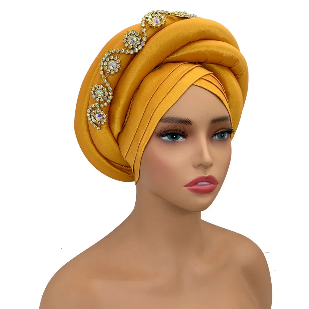 Luxurious polyester turban cap displayed against a polished background, embodying sophistication and modern flair for discerning fashion enthusiasts.