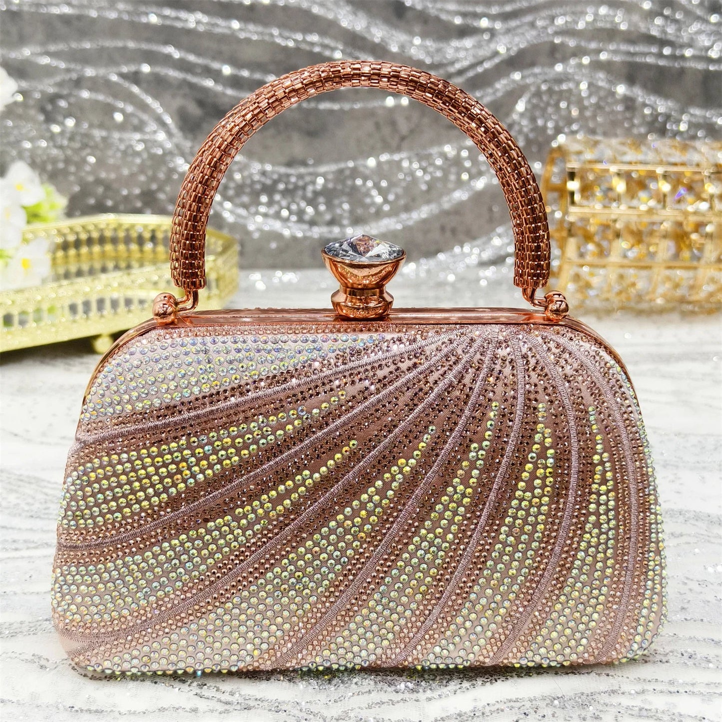 Elegant matching purse crafted from high-quality materials, paired with diamond studded luxury women's high heel shoes.