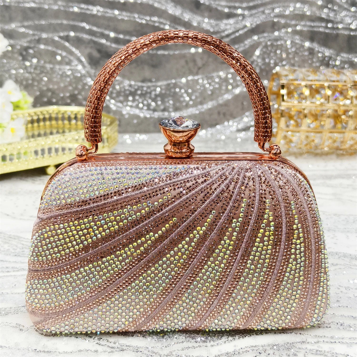 Elegant matching purse crafted from high-quality materials, paired with diamond studded luxury women's high heel shoes.